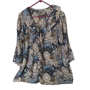 Larry Levine Top Women Plus size 1X Floral Paisley Bohemian Blouse Button Ruffle
